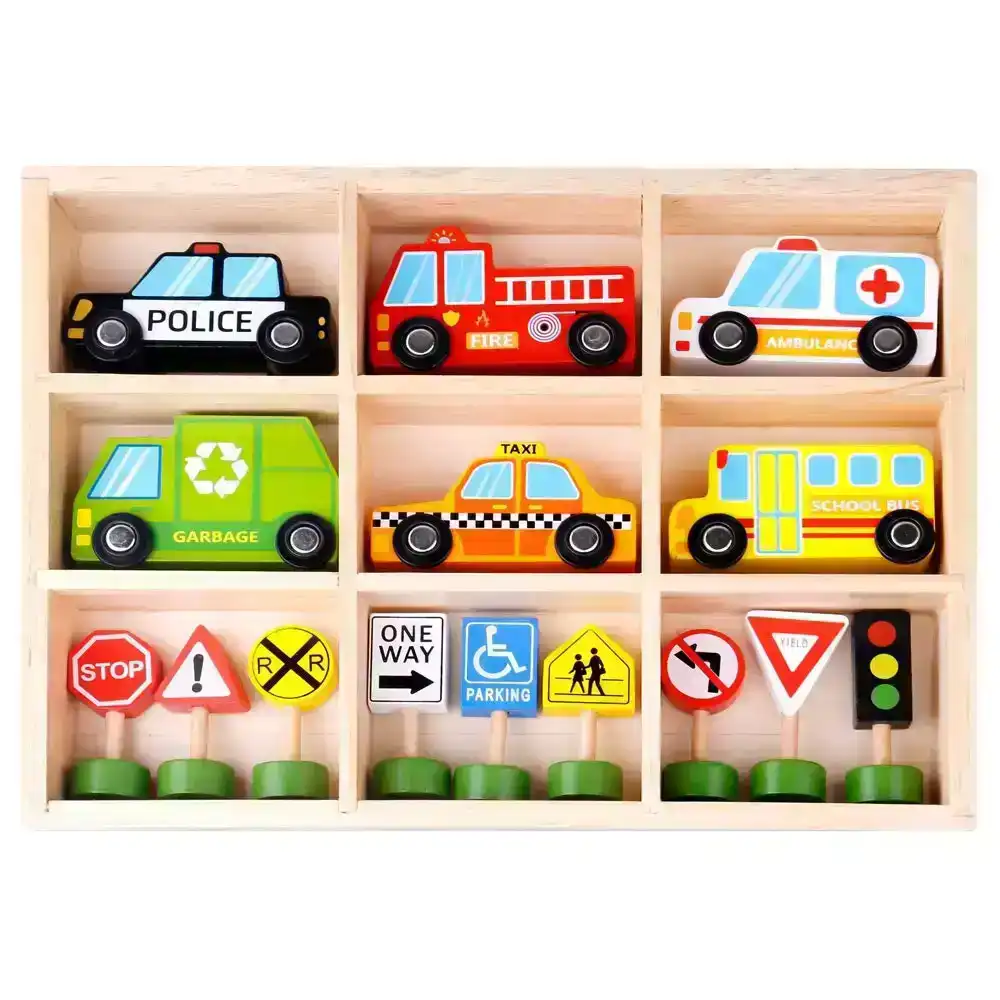 16pc Tooky Toy Wooden Transportation & Street Sign Vehicles 3y+ Kids/Toddler