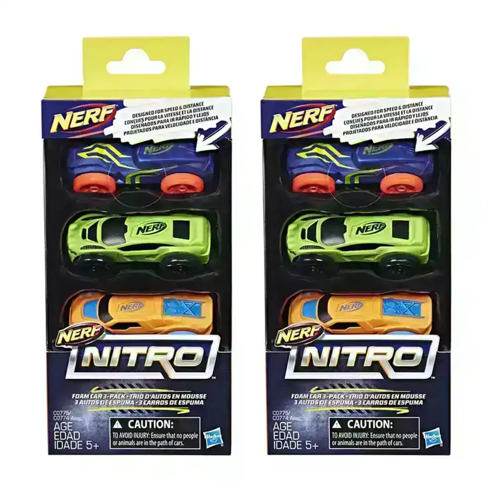 2x 3pc Nerf Nitro Foam Car Vehicle Kids/Children 5y+ Play Toys Assorted Colour