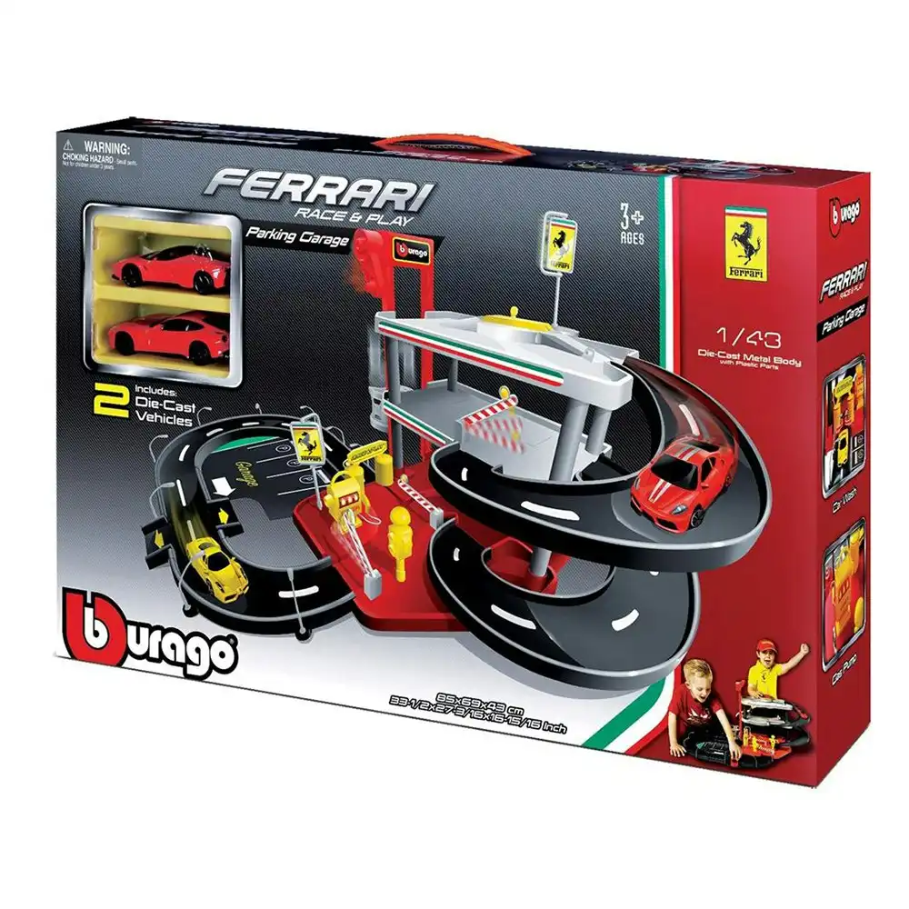 Bburago 1:43 Ferrari Parking Garage Kids Toy Track Play Set w/2 Die Cast Cars 3+