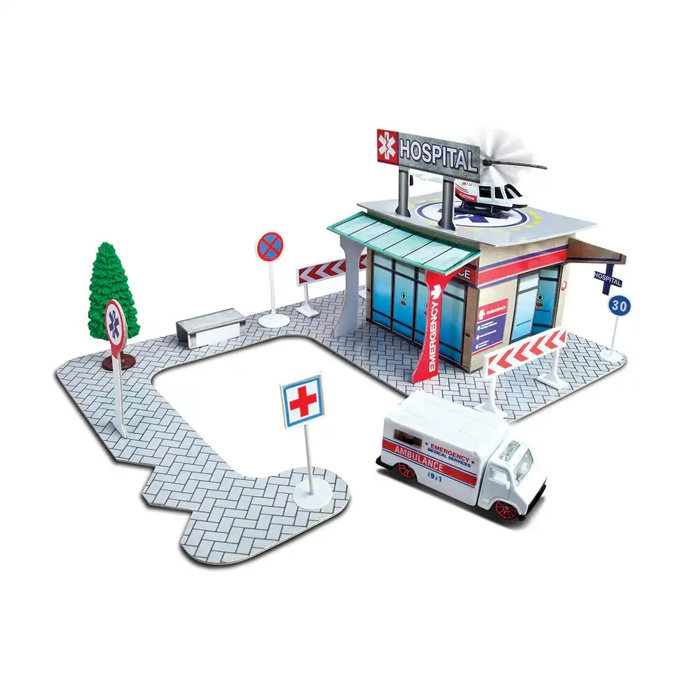 Maisto Fresh Build N Play Hospital Kids Pretend Playset w/ Model Ambulance 3y+
