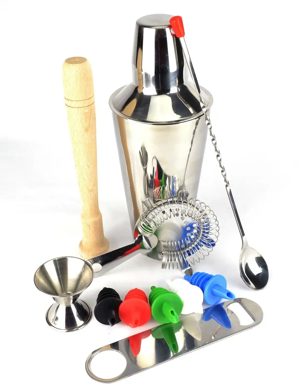 10 Piece Cocktail Shaker Set With Couloured Pourers And A Free Bar Blade