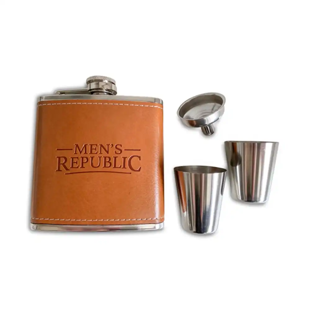 Men's Republic Stainless Steel Hip Flask Set   Brown