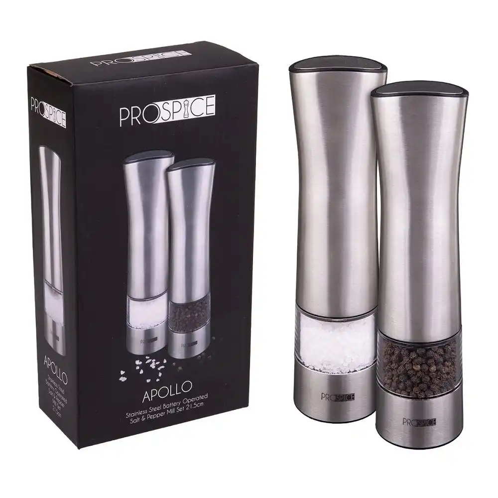 Prospice APOLLO STAINLESS STEEL BATTERY OPERATED SALT & PEPPER MILL SET 21.5cm