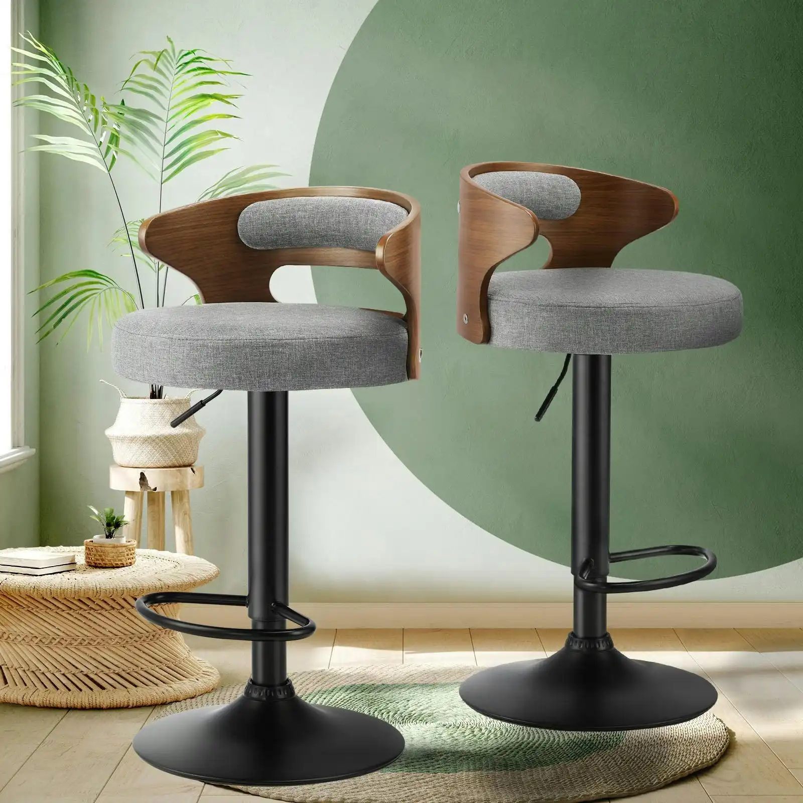Oikiture Bar Stools Kitchen Gas Lift Swivel Chairs Stool Wooden Barstool Grey x2