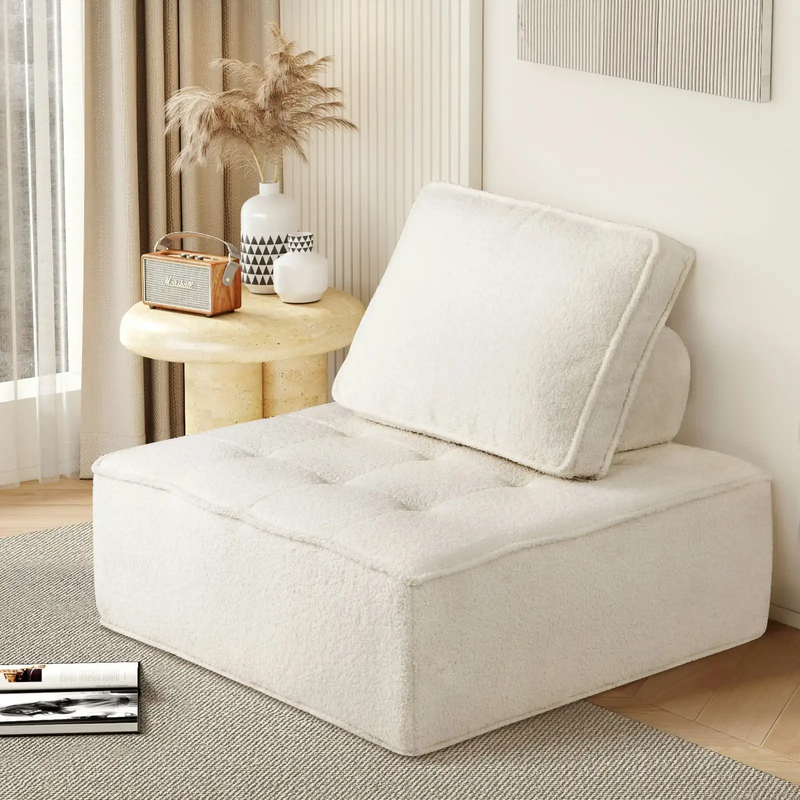 Oikiture Modular Sofa Lounge Chair Armless Adjustable Back Cushion Sherpa White