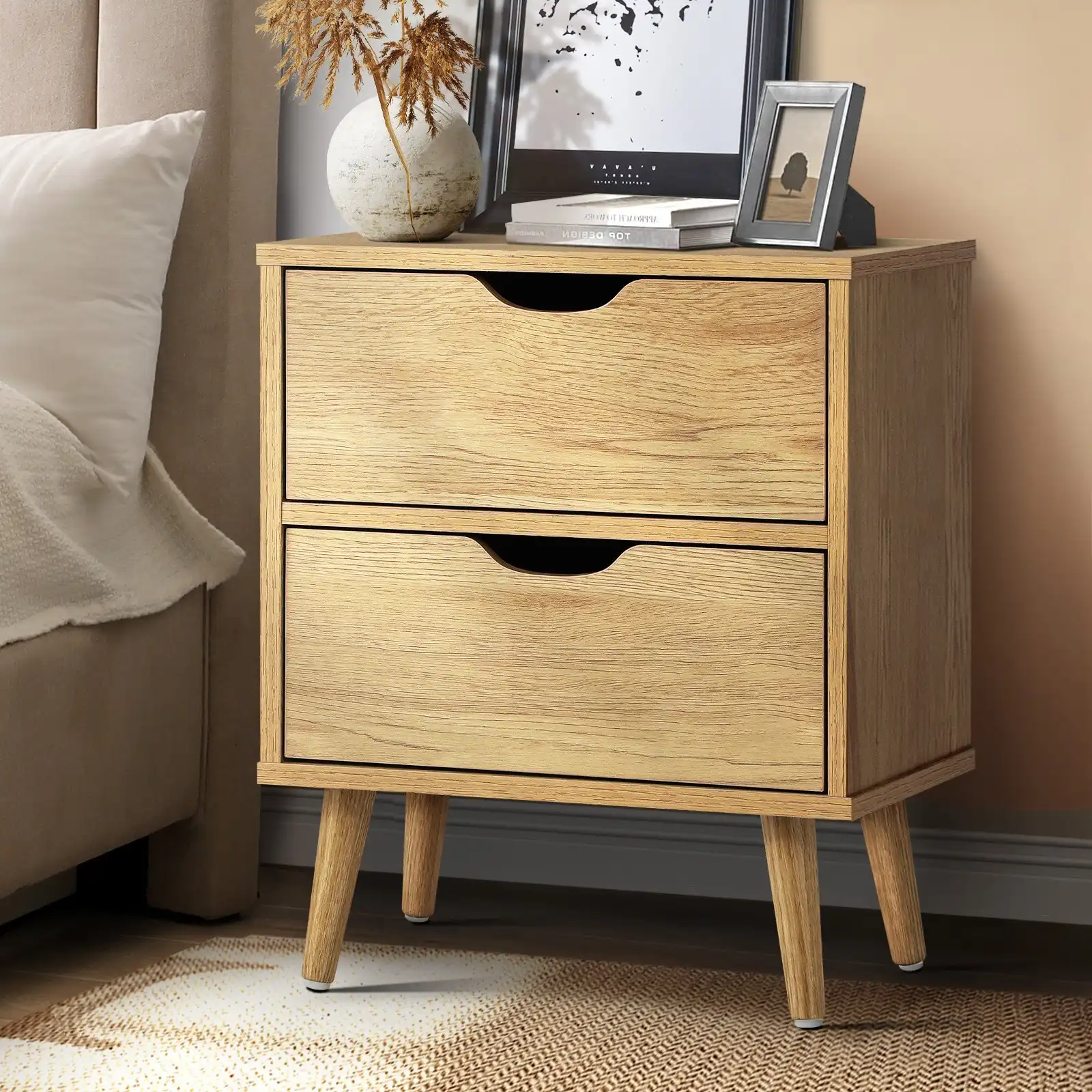 Oikiture Bedside Tables 2 Drawers Side Table Nightstand Storage Cabinet Wood