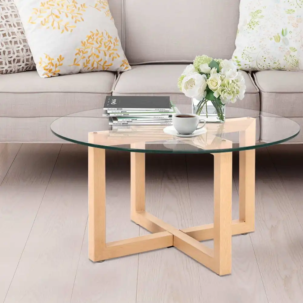 Artiss Round Glass Coffee Table Side Table Wooden Legs
