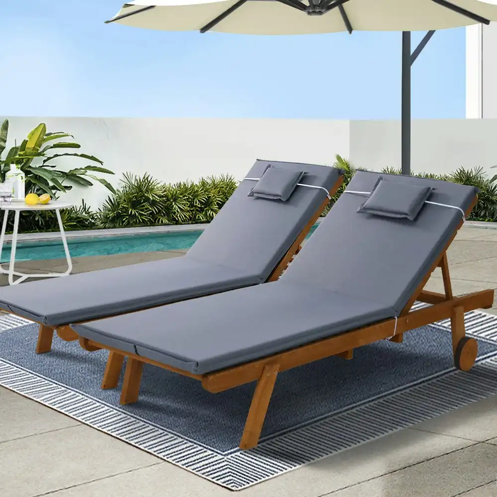 Gardeon 2x Sun Lounge Wooden Lounger Outdoor Furniture Day Bed Wheel Patio Grey