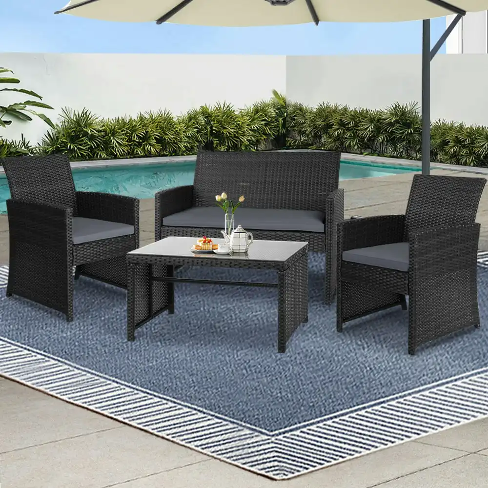 Gardeon Outdoor Furniture Outdoor Lounge Setting Wicker Patio Sofa Set 4PCS Black
