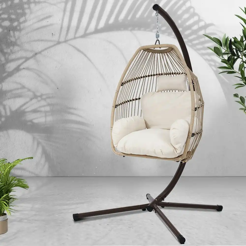 Gardeon Outdoor Swing Hanging Basket Egg Chair with Stand Cushion Rope Latte
