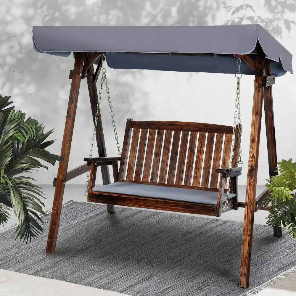 Gardeon Outdoor Wooden Swing Chair Garden Bench Canopy 2 Seater Charcoal