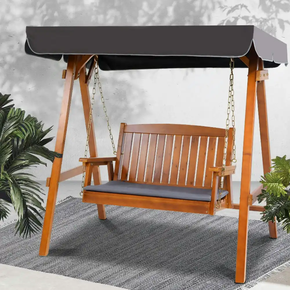 Gardeon Outdoor Wooden Swing Chair Garden Bench Canopy Cushion 2 Seater Teak