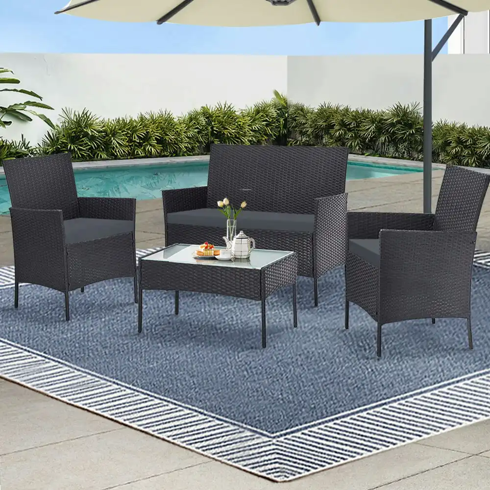 Gardeon Outdoor Furniture 4 PCS Outdoor Lounge Setting Patio Wicker Sofa Set Dark Grey