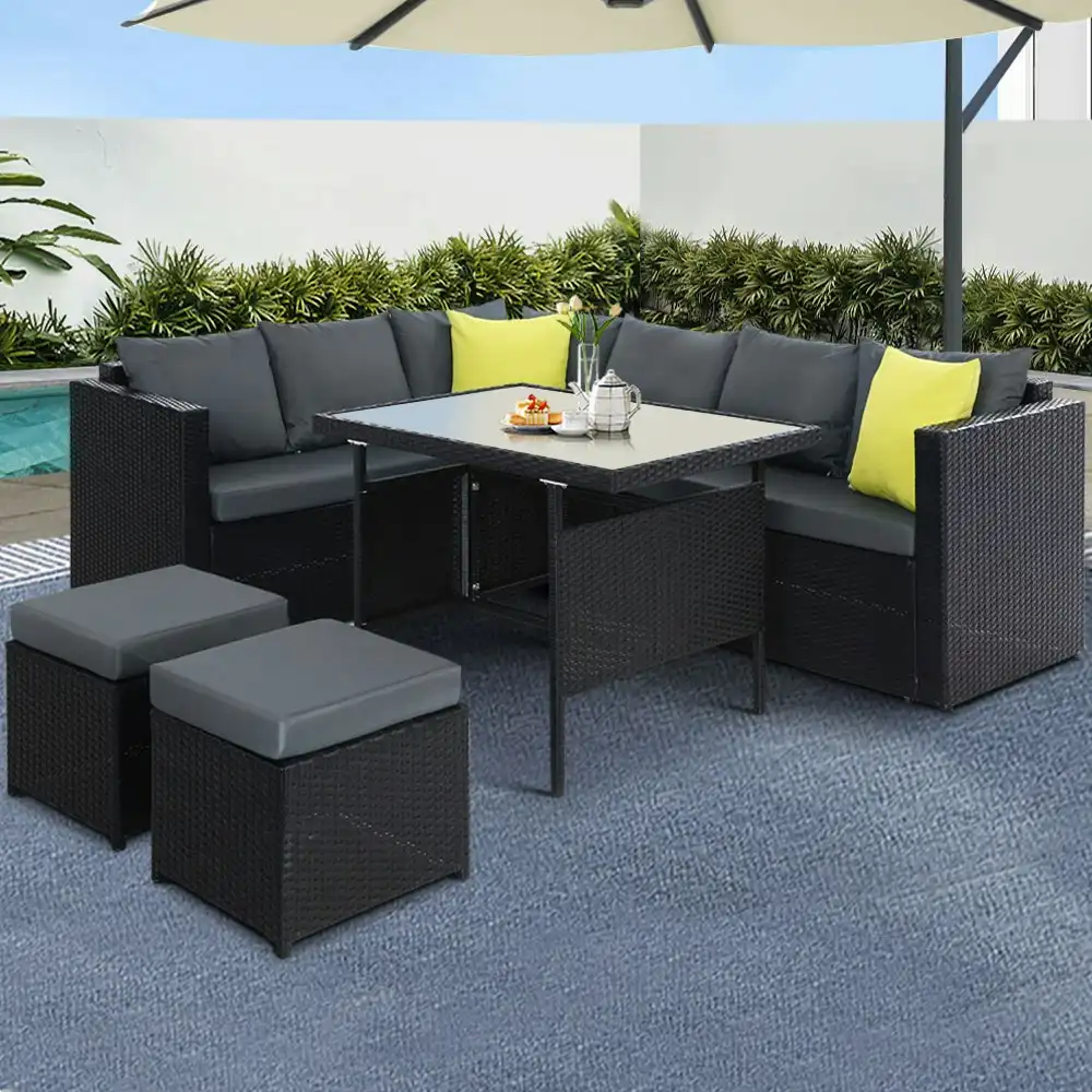 Gardeon Outdoor Dining Set Aluminum Table Chairs Wicker Setting Black