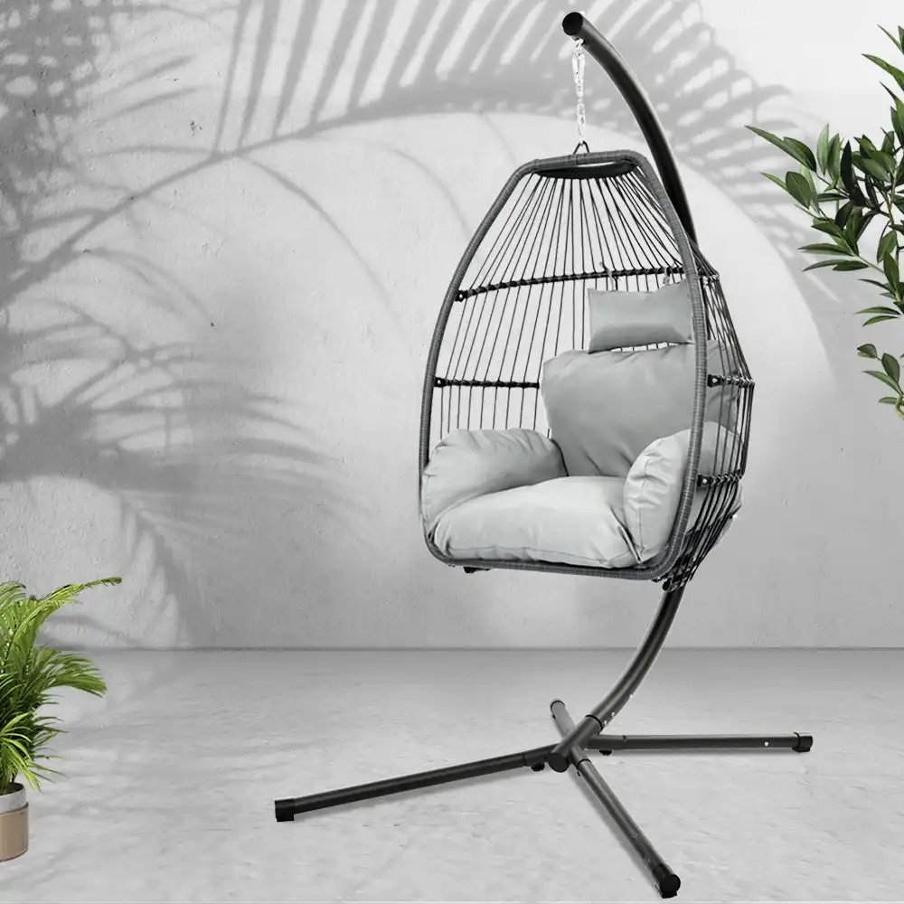 Gardeon Outdoor Hanging Rattan Swing Chair With Stand Soft Cushion Rope Indoor Grey