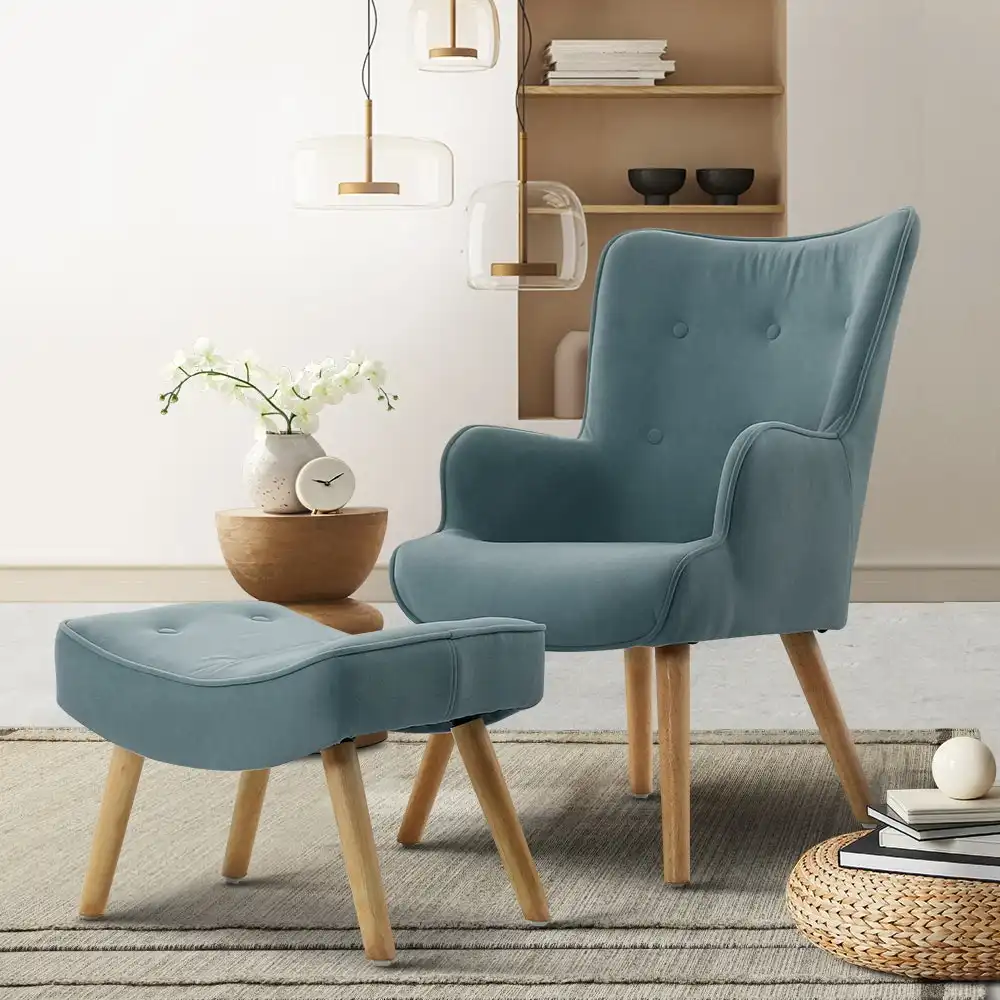 Artiss Armchair Lounge Chair Footstool Ottoman Fabric Blue