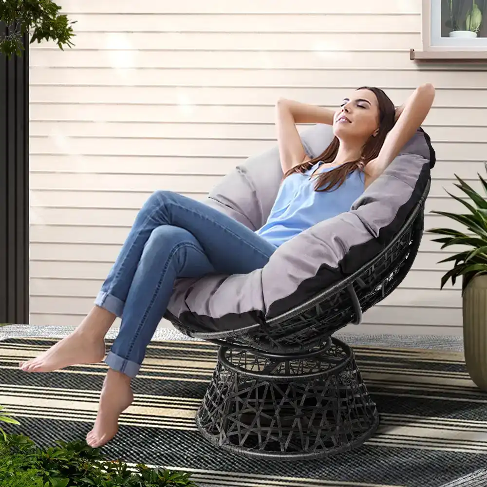 Gardeon Outdoor Lounge Setting Sofa Set Papasan Chair Swivel Table Thick Soft Cushion Garden Patio Gardeon Black