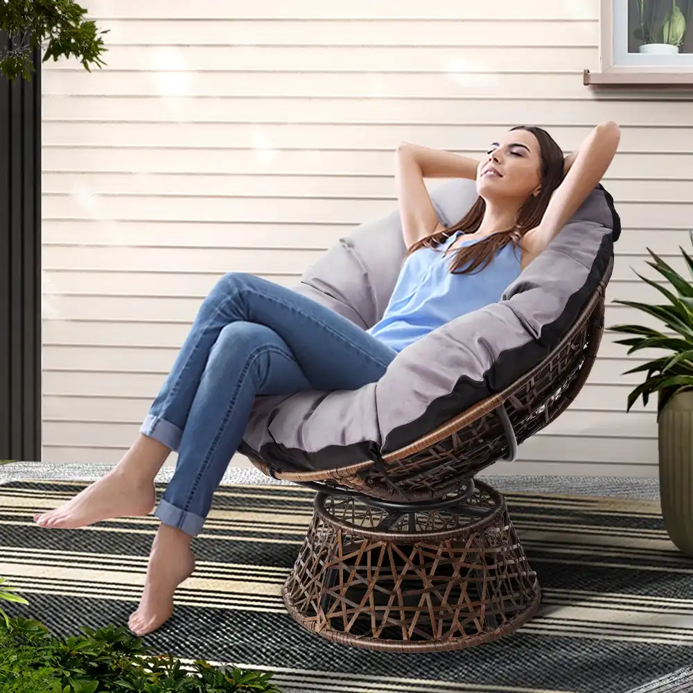 Gardeon Outdoor Lounge Setting Sofa Set Papasan Chair Swivel Table Thick Soft Cushion Garden Patio Gardeon Brown