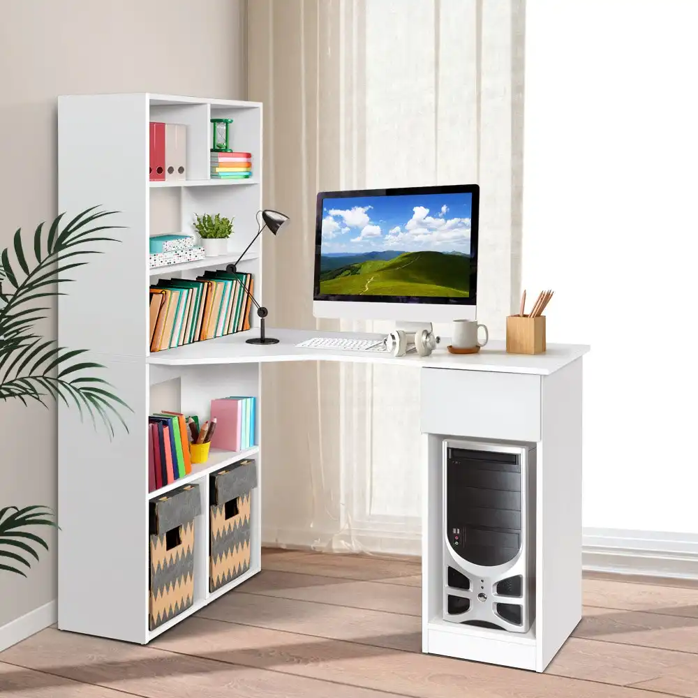Artiss Computer Desk Office Student Study Table Corner Workstation with Shelf Bookshelf Storage Cabinet White