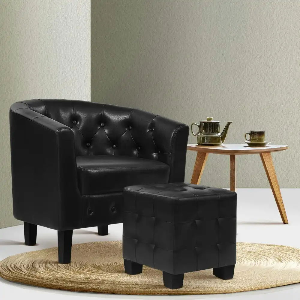 Artiss Armchair Footstool Lounge Chair Ottoman Leather Black