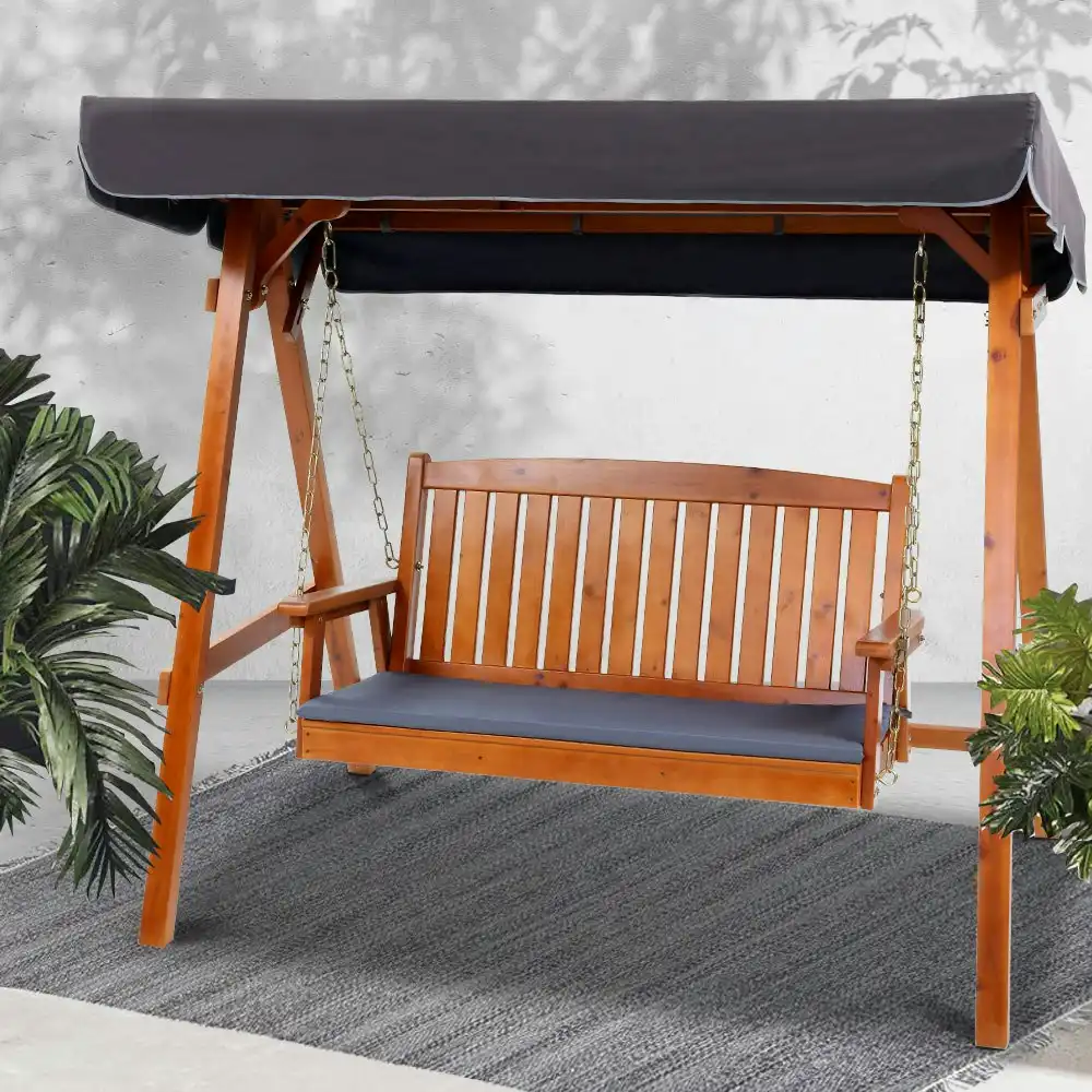 Gardeon Outdoor Wooden Swing Chair Garden Bench Canopy Cushion 3 Seater Teak