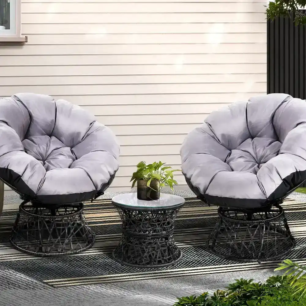 Gardeon Outdoor Lounge Setting Sofa Set Papasan Chairs Table Swivel Thick Soft Cushion Garden Patio Black Gardeon
