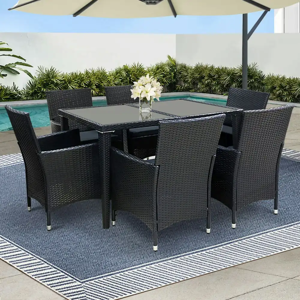 Gardeon Outdoor Dining Set 7 Piece Wicker Lounge Setting Black