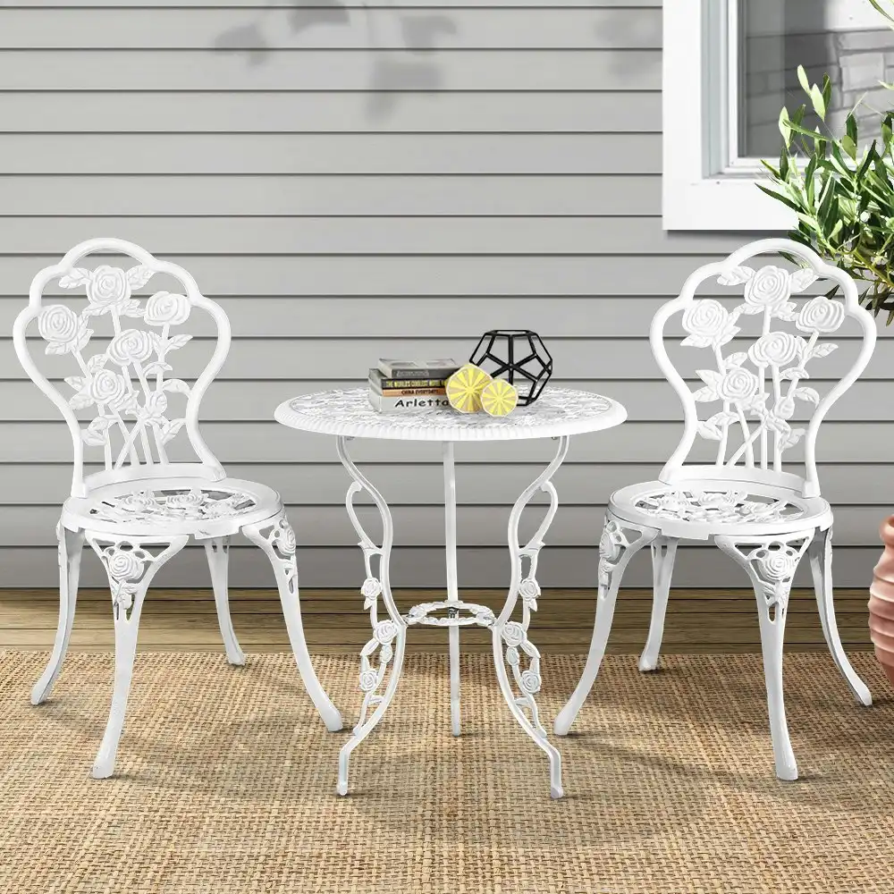 Gardeon Outdoor Setting Dining Chairs Table 3 Piece Bistro Set Cast Aluminum Patio Garden Furniture Rose White