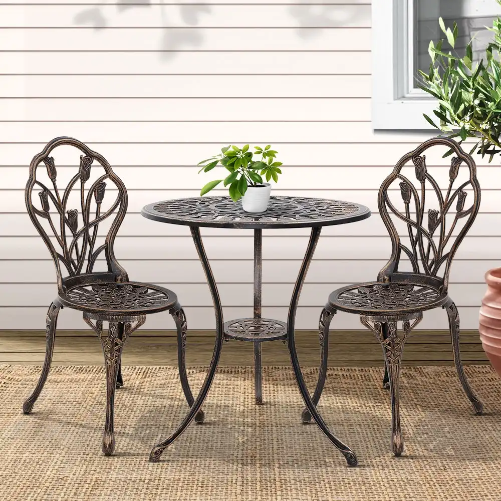 Gardeon Outdoor Setting Dining Chairs Table 3 Piece Bistro Set Cast Aluminum Patio Garden Furniture Tulip Bronze