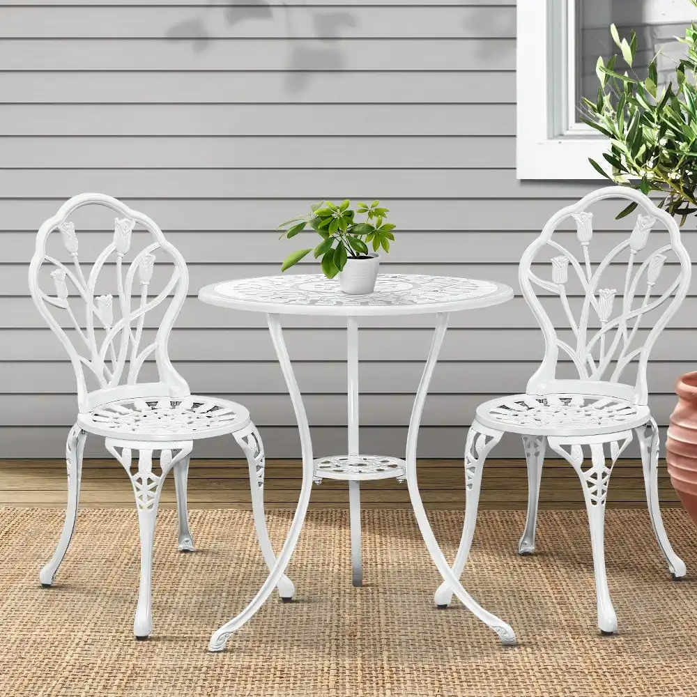 Gardeon Outdoor Setting Dining Chairs Table 3 Piece Bistro Set Cast Aluminum Patio Garden Furniture Tulip White