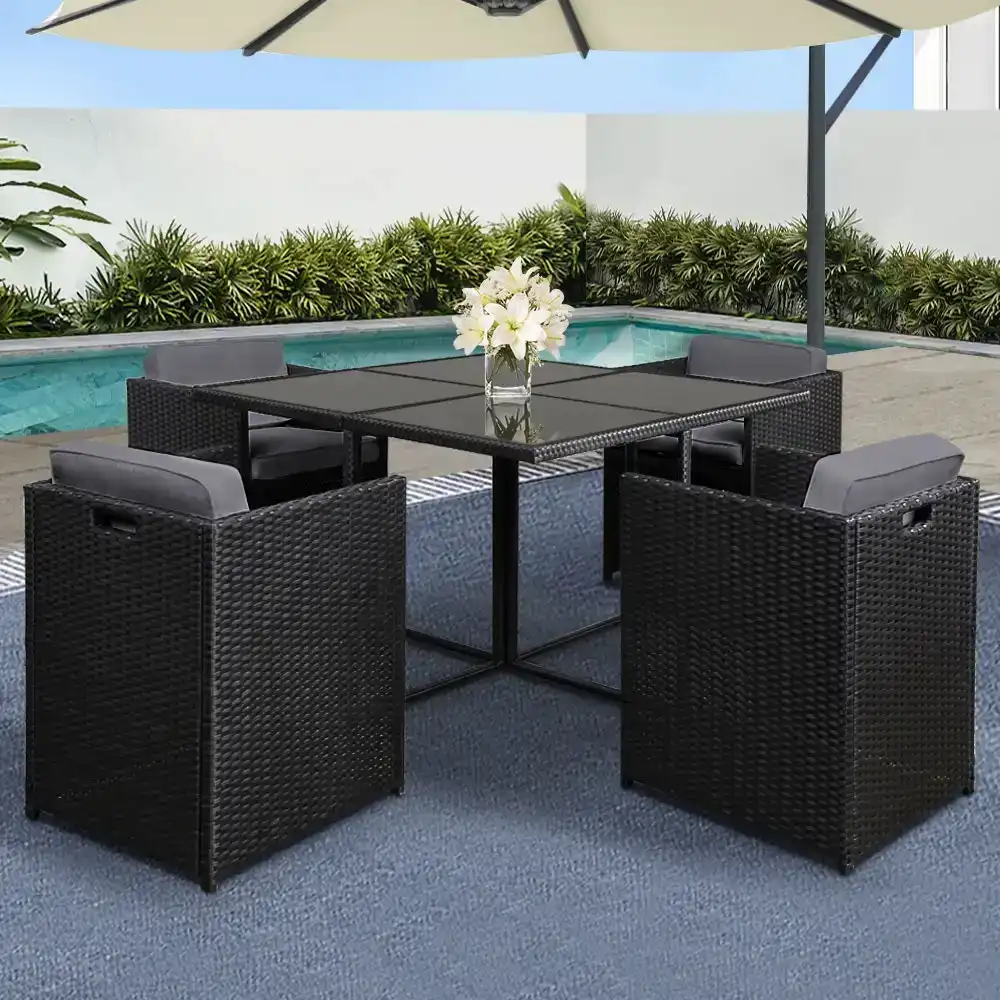 Gardeon Outdoor Dining Set 5 Piece Wicker Table Chairs Setting - Black