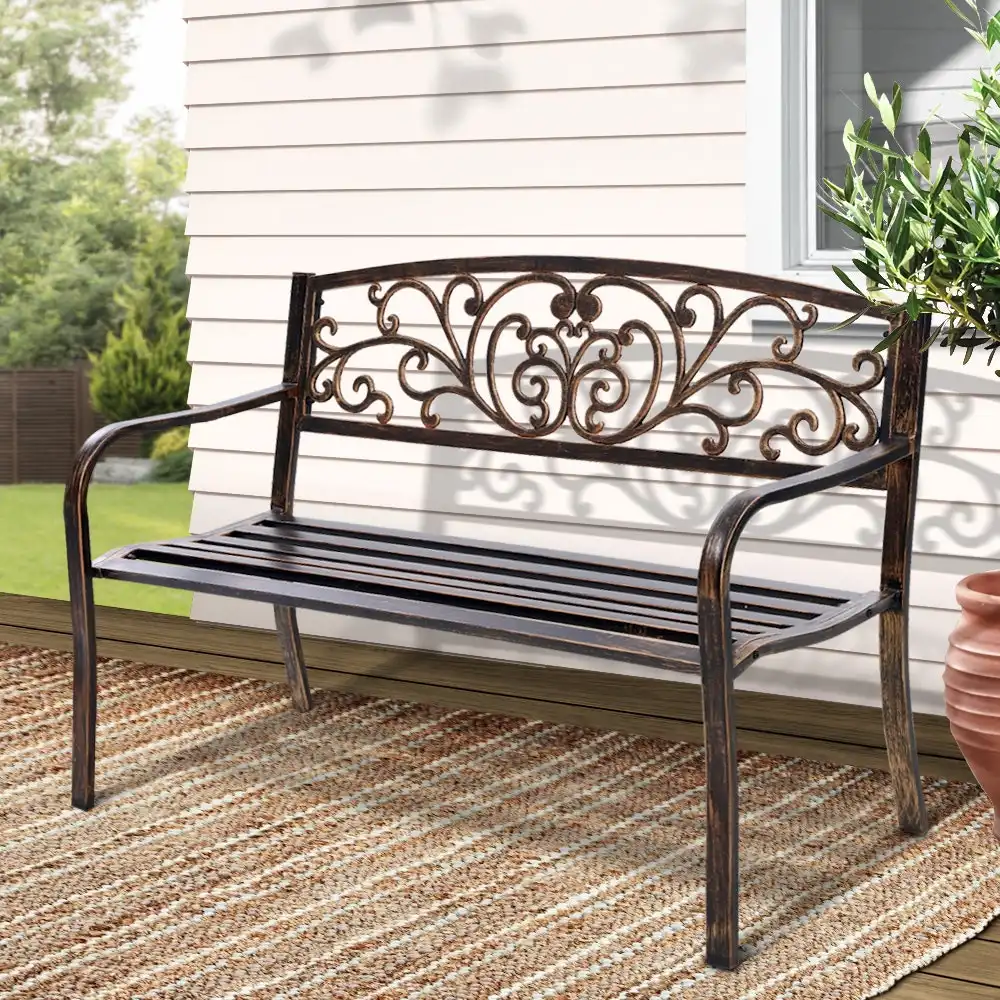 Gardeon Garden Bench Seat Outdoor Chair Steel Iron Patio Furniture Lounge Porch Lounger Vintage Bronze Backyard