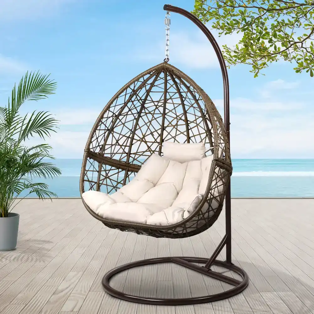 Gardeon Outdoor Hanging Basket Swing Egg Chair With Stand Soft Cushion Indoor Latte