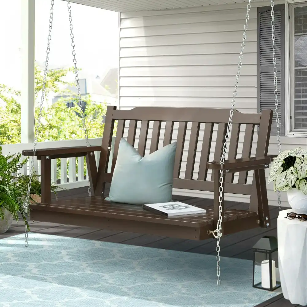 Gardeon Porch Swing Chair With Chain Outdoor Furniture Wooden Bench 2 Seat Brown