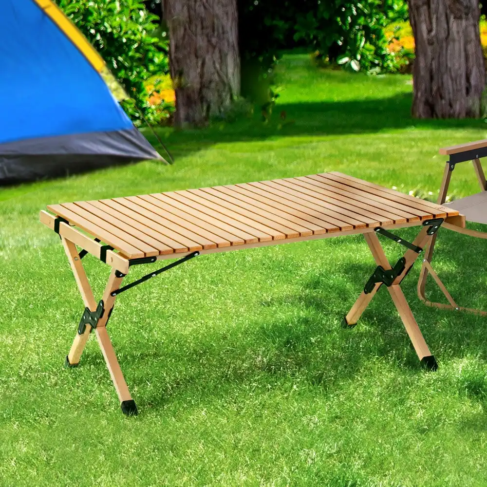 Gardeon Outdoor Camping Table Wooden Egg Roll Folding Picnic Desk 90CM
