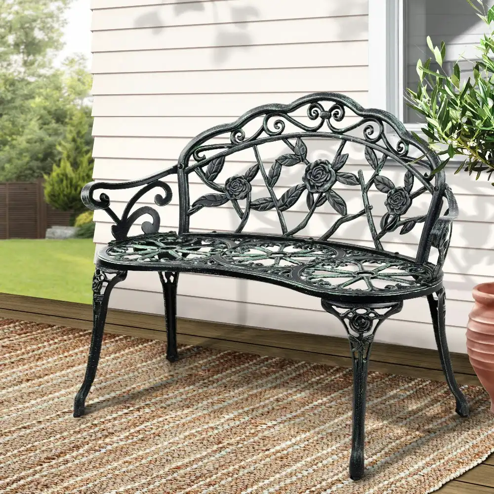 Gardeon Garden Bench Seat Outdoor Chair Park Patio Furniture Relax Cast Aluminium Lounge Vintage Green