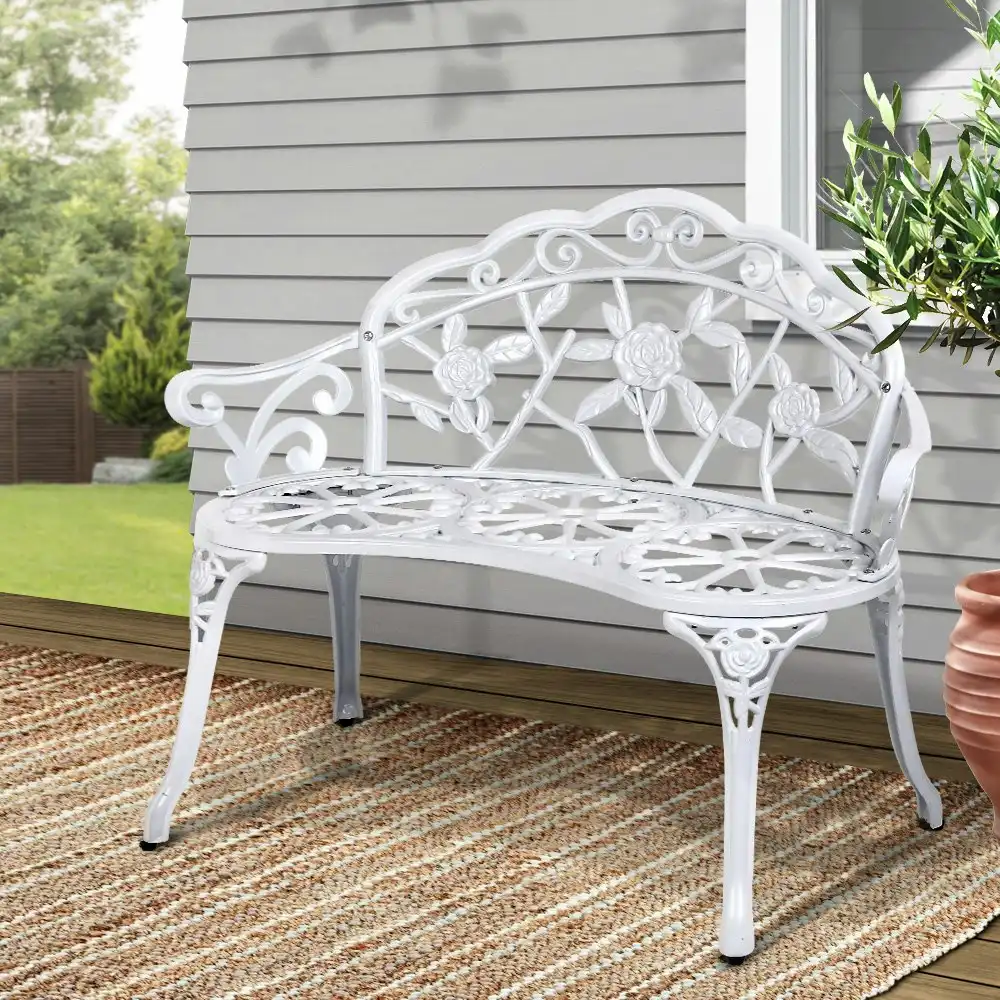 Gardeon Garden Bench Seat Outdoor Chair Park Patio Furniture Relax Cast Aluminium Lounge Vintage White
