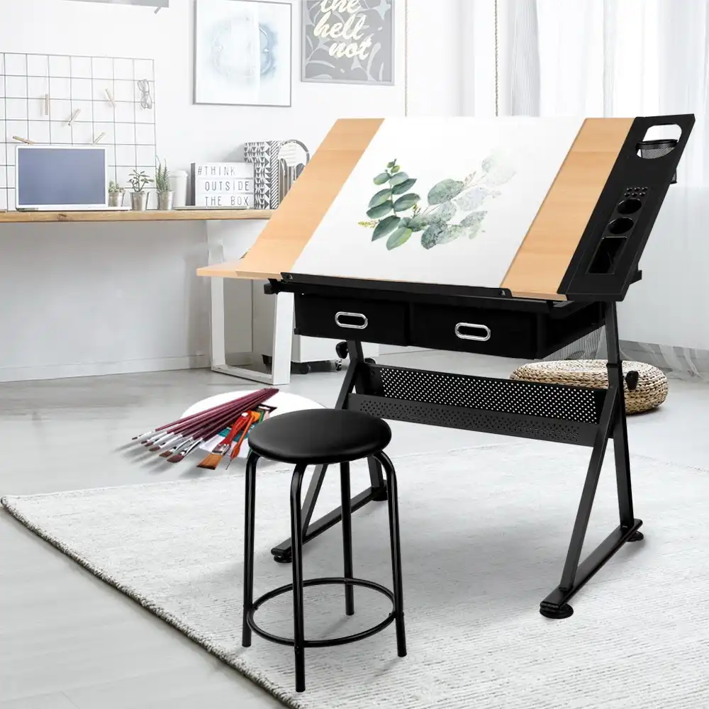 Artiss Drawing Desk Glass Drafting Table Adjustable with Stool