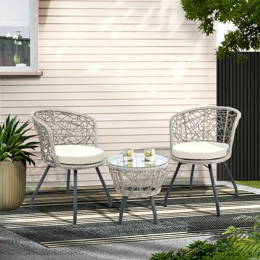 Gardeon 3PC Bistro Set Outdoor Furniture Rattan Table Chairs Patio Garden Cushion Grey