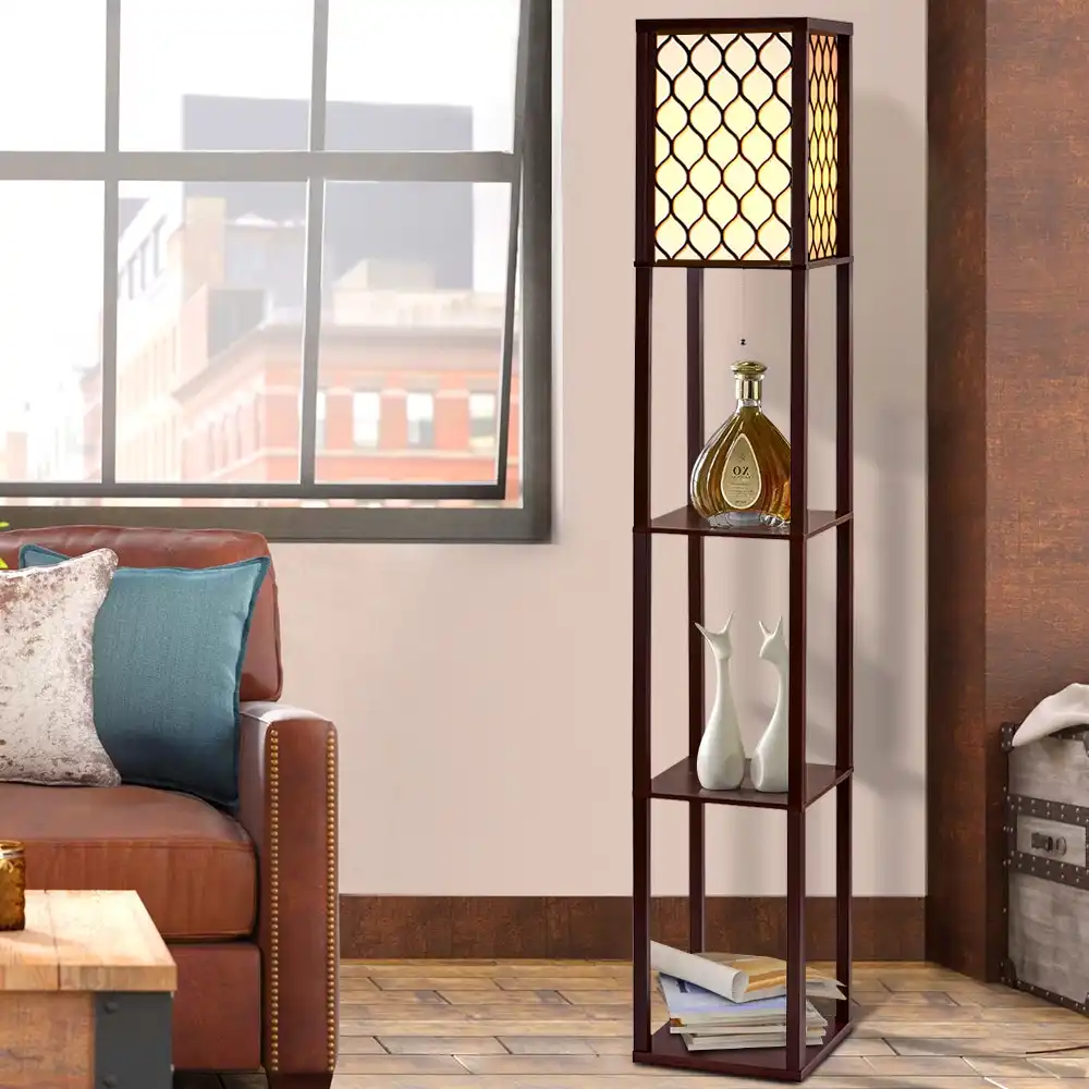 Artiss Floor Lamp LED Reading Light Storage Shelf Home-Brown
