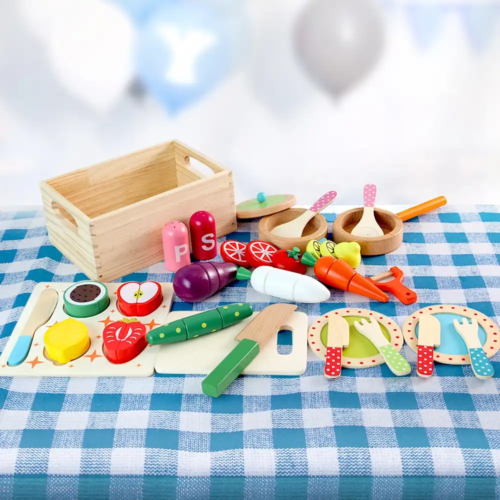 Keezi Kids Wooden Kitchen Pretend Play Food Toys Childrens Cooking Utensils Fruit Pots