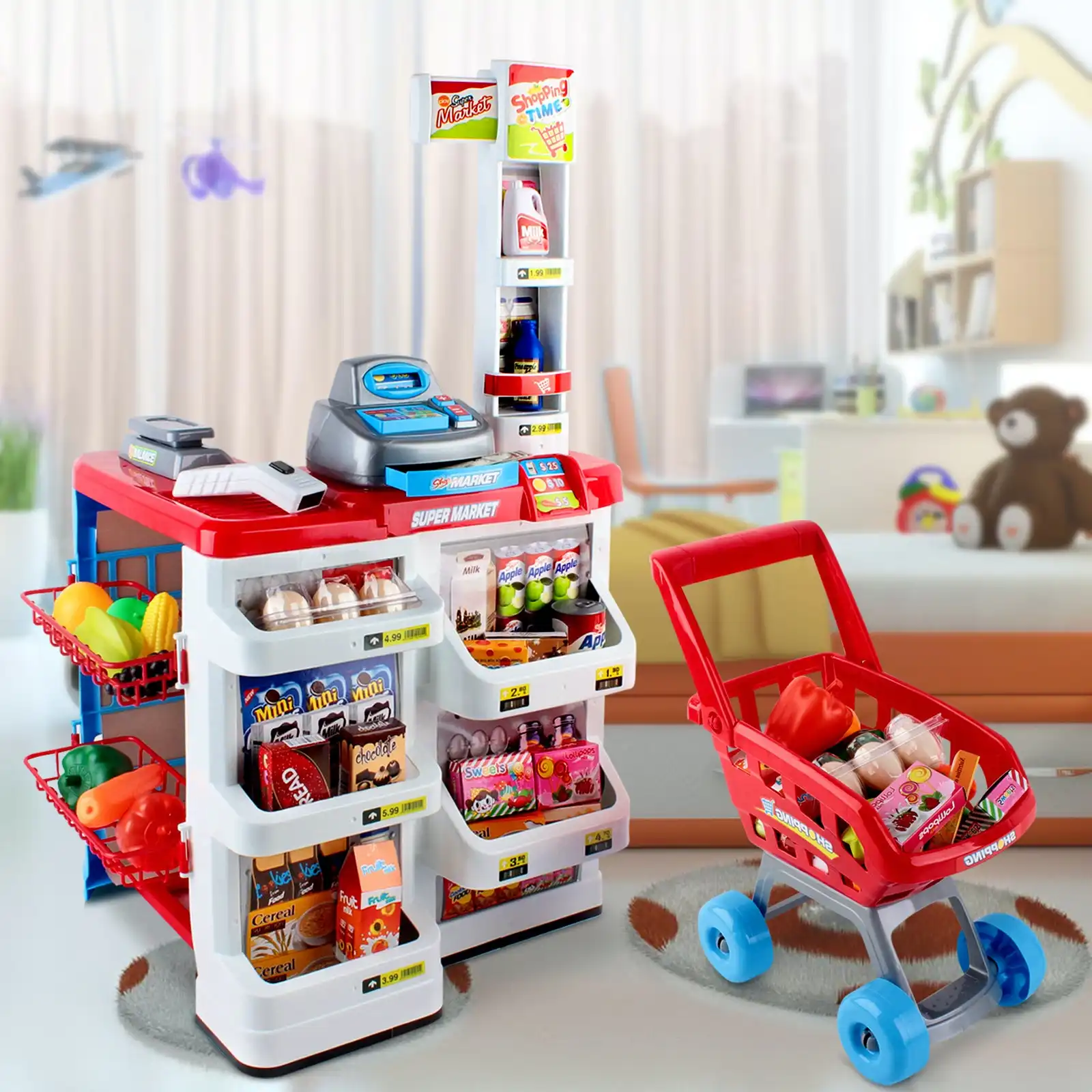 Keezi Kids Pretend Play Supermarket Store Food Kitchen Cash Register Shopping Trolley Toys Market