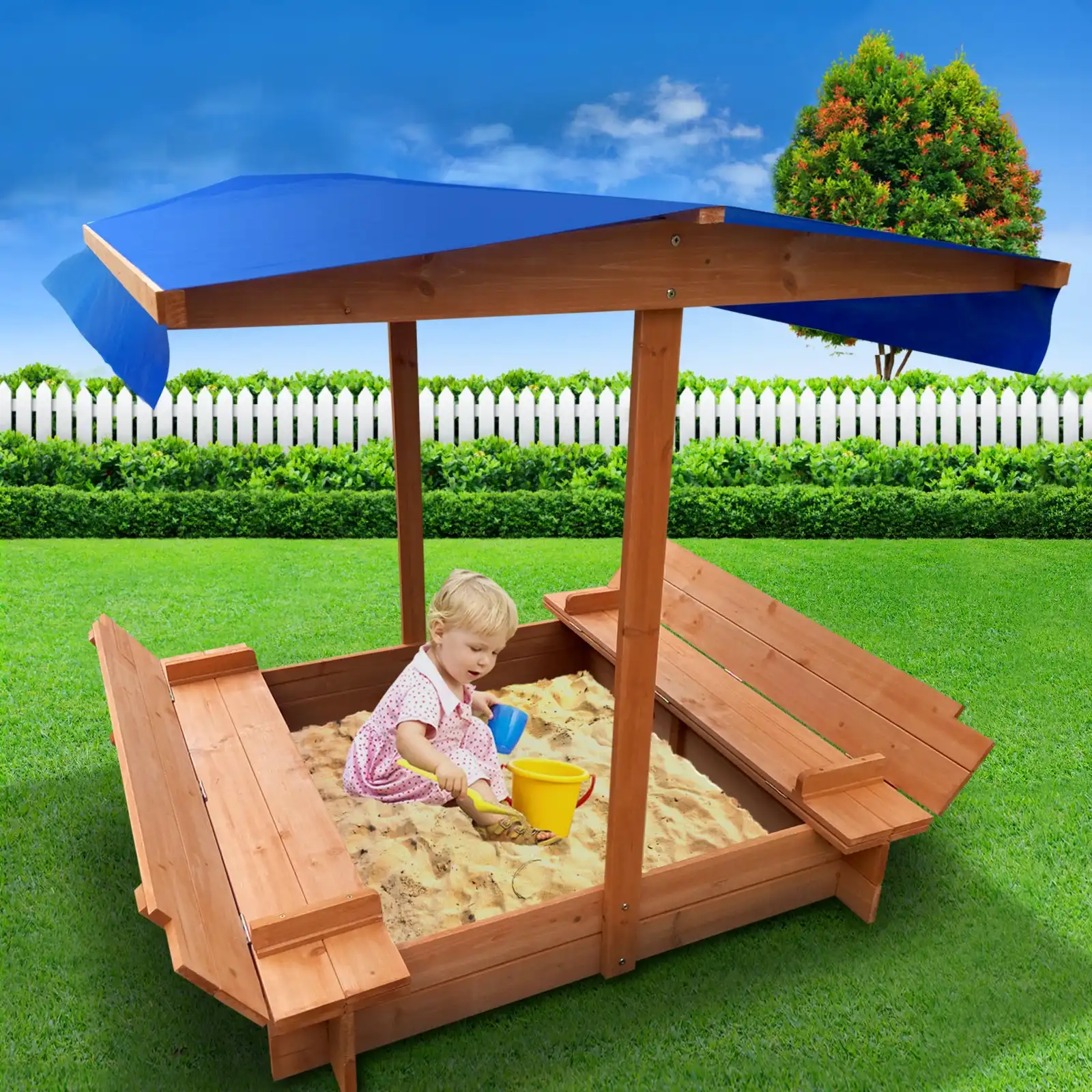 Keezi Kids Sandpit Toys Canopy Sand Pit Box Wooden Outdoor Play Set Large Seat Fun