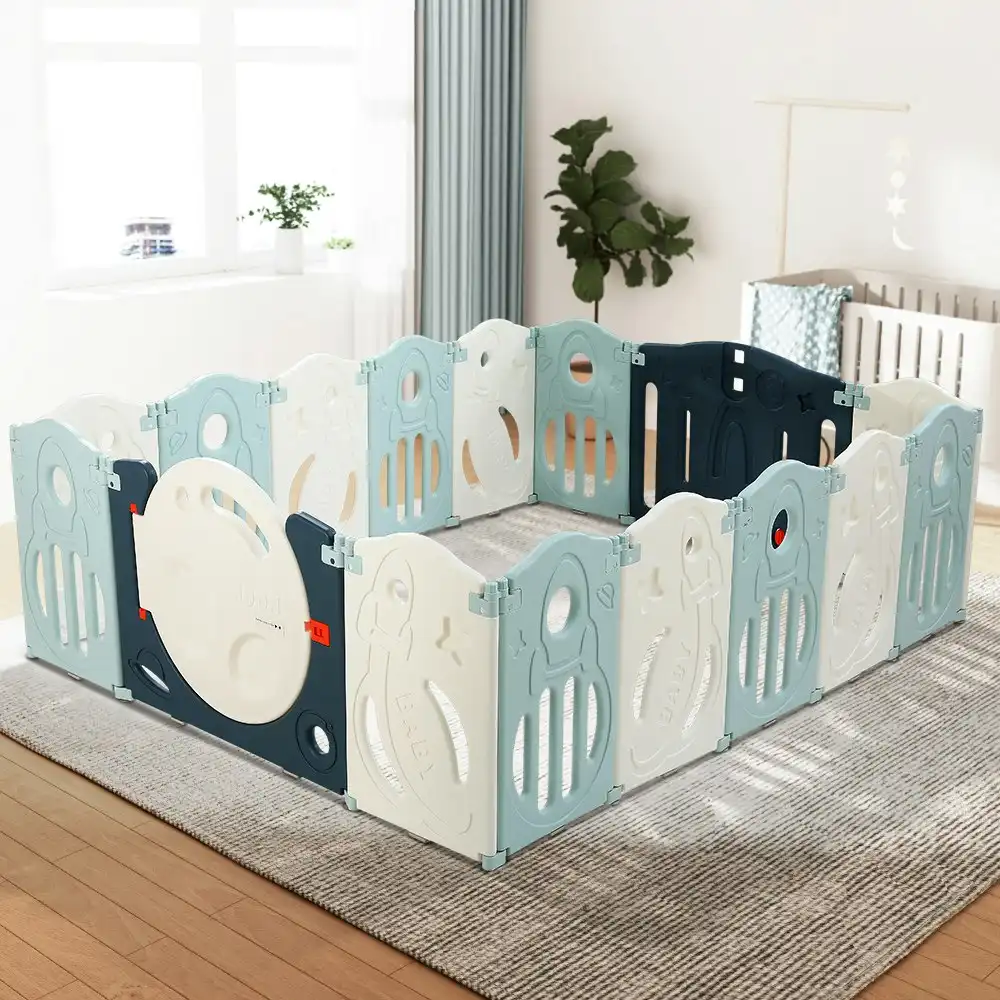 Keezi Baby Playpen 16 Panels Foldable Safety Gate Blue