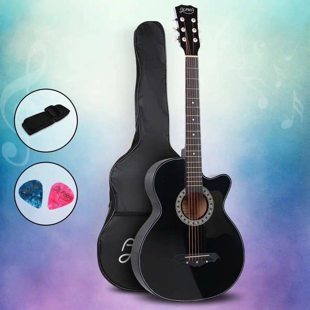 Alpha Guitar Acoustic Guitars 38 Inch Wooden Folk Classical Cutaway Steel String For Kids and Adult Black Alpha