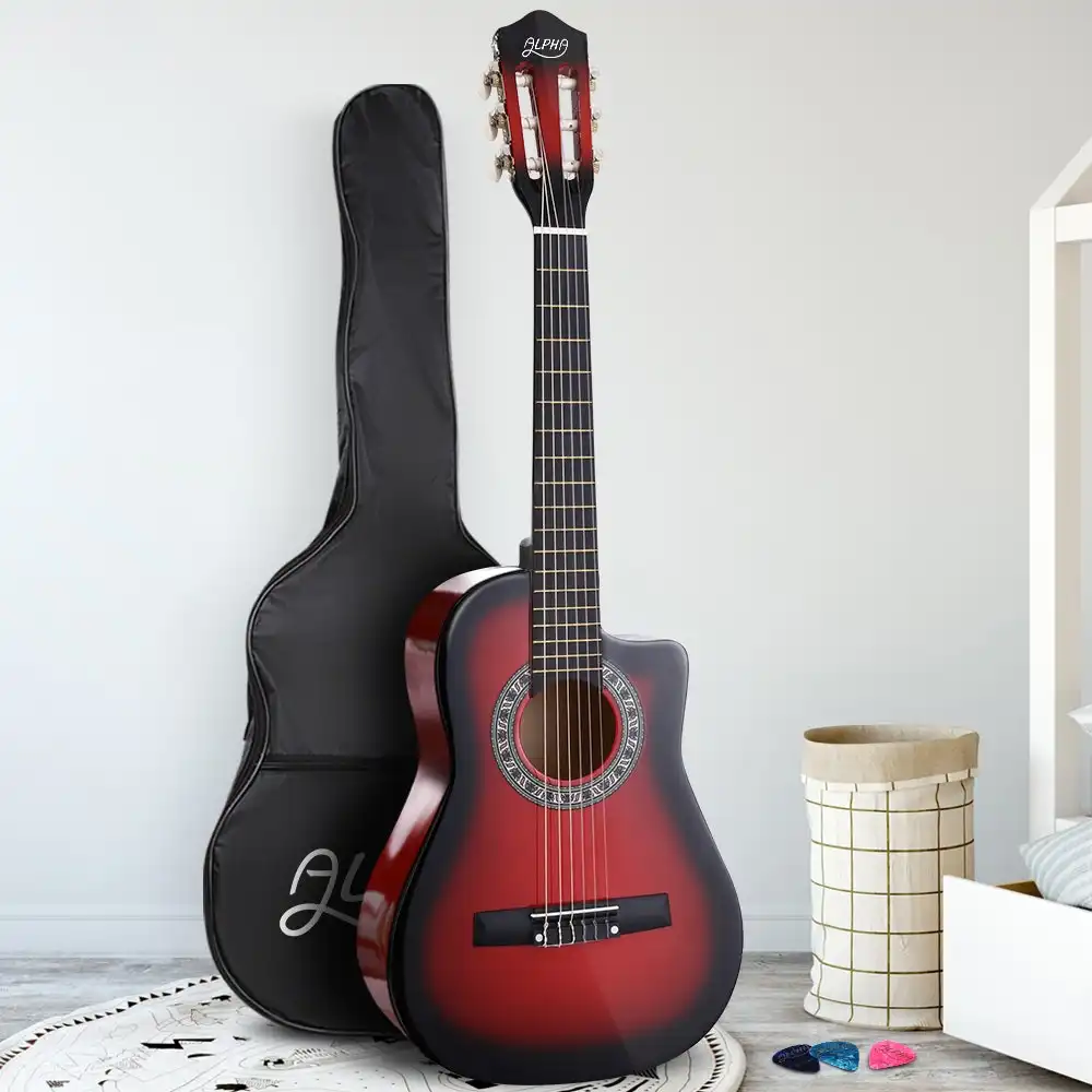 Alpha 34" Inch Guitar Classical Acoustic Cutaway Wooden Ideal Kids Gift Children 1/2 Size Red