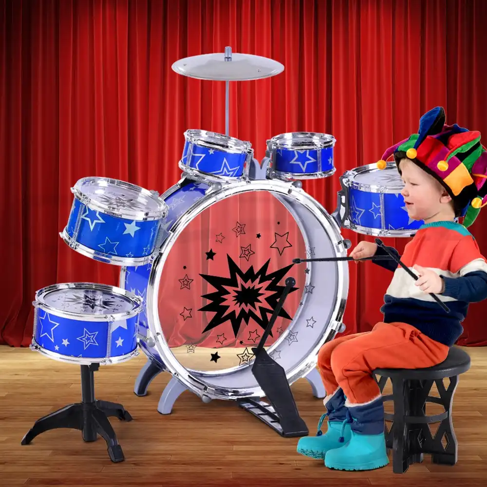 Keezi Kids Pretend Play Drums Set Junior Drum Kit Mini Musical Play Toys Childrens Blue