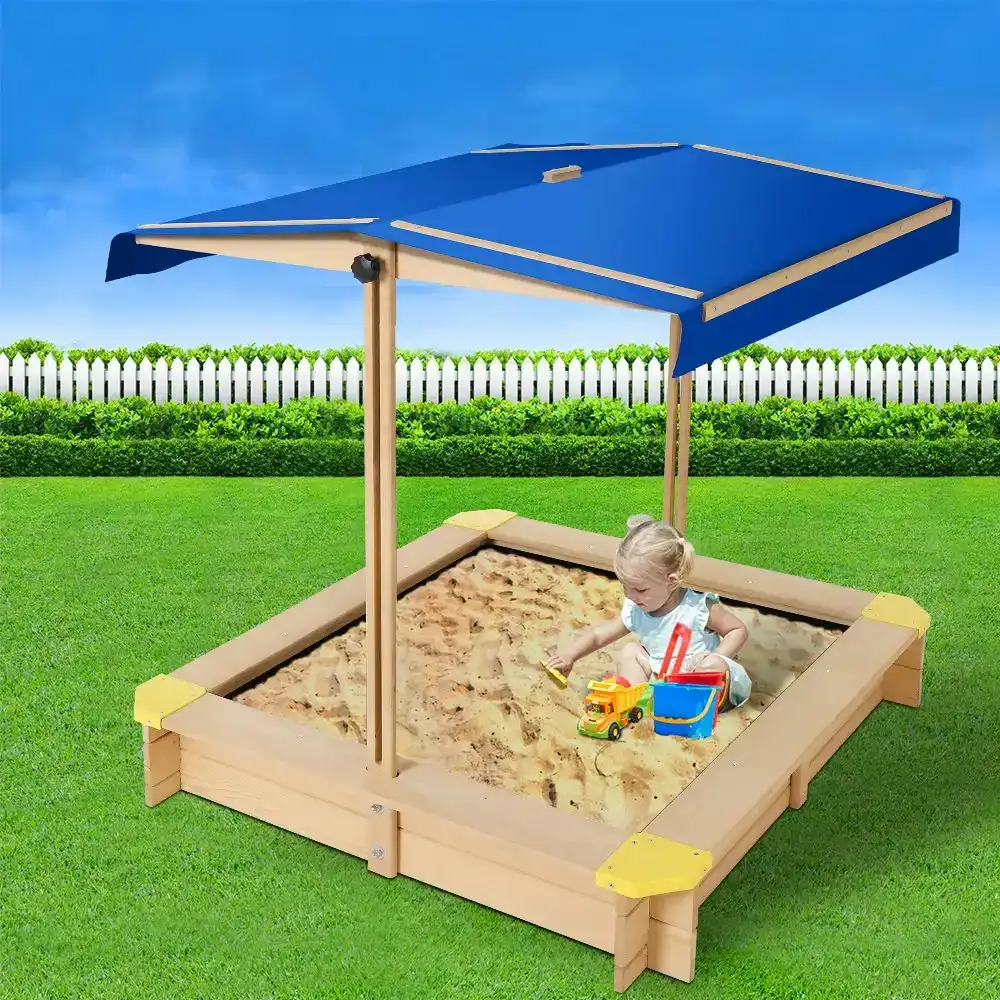 Keezi Kids Sandpit Toys Canopy Sand Pit Box Wooden Outdoor Play Set Large Seat