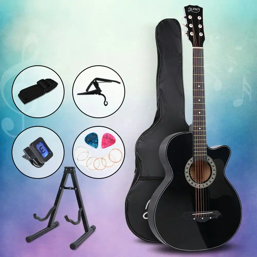 Alpha Guitar Acoustic Guitars 38 Inch Wooden Folk Classical Cutaway Steel String w/ Capo Tuner Stand For Kids and Adult Black Alpha