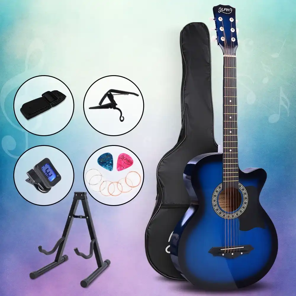 Alpha Guitar Acoustic Guitars 38 Inch Wooden Folk Classical Cutaway Steel String w/ Capo Tuner Stand For Kids and Adult Blue Alpha